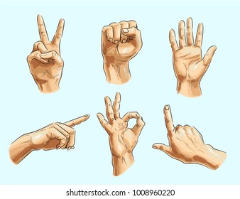 Vector male hand gesture icon set. Victory or peace sign, clenched fist, pointing finger, okay and other hand signs.