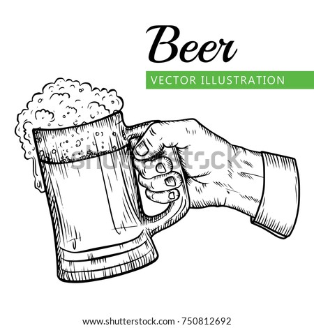 Vector male hand holding a full beer mug with foam. Vintage vector engraving beer glass illustration for invitation, ads, sale, party. Isolated on white background