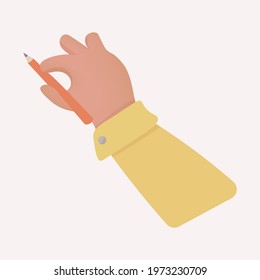 Vector male hand holds a pencil. Shows how to hold a pencil or pen correctly. Simulated 3D style. Hand with a pencil. Vector illustration isolated on white.