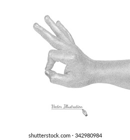 Vector male hand in style black engraving shows sign OK. Isolated on white 