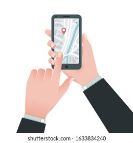 Vector male hands hold smartphone with city map gps navigator on screen. Flat design creative illustration isolated background