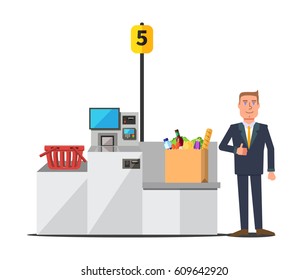 Vector male happy customer in a business suit using self checkout register. Big paper bag full of grocery. Red empty shopping basket. Grey metal self service machine with cash and card payment