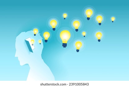 Vector of a male human head with yellow light bulbs flying from head. Creative ideas, peace of mind and psychology concept.