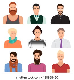 Vector Male man character faces avatars in different clothes and hair styles. Man guy avatar.