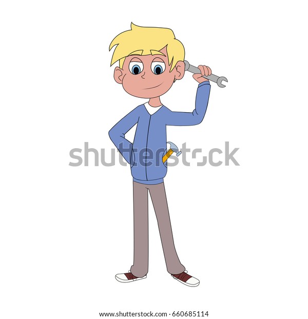 Vector of a\
male mechanic cartoon character holding a wrench and hammer - stock\
vector isolated on white\
background.