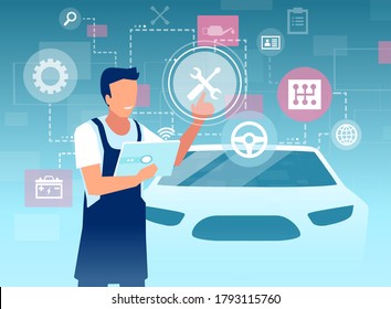 Vector of a male mechanic inspecting a car using tablet app with a virtual user interface