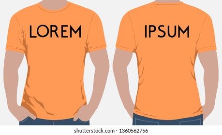 Vector. Male model standing in a T-shirt put his hands in his jeans pocket. Front and back view. Layers good separated.