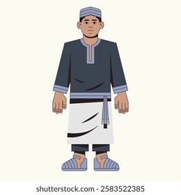 Vector male Muslim character flat design with wearing a head covering and sarong