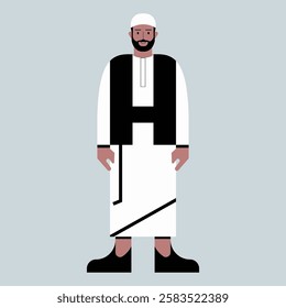 Vector male Muslim character flat design with wearing a head covering and sarong