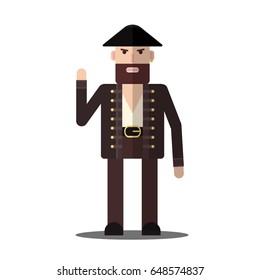 Vector male pirate with shadow in flat style isolated on the white background.
