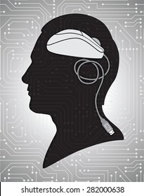 Vector. Male silhouette on circuit board background with mouse instead brain.