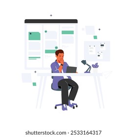 Vector of male sitting on the desk managing his task using task management apps on a laptop or pc