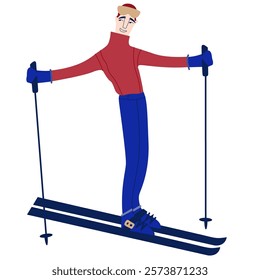 Vector male skier in red sweater. Winter illustration for resort and ski tourism. Sport. Clipart.