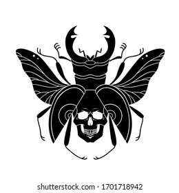 Vector male stag beetle lucanus cervus, skull illustration 