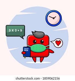 vector de estudiante masculino en forma cuadrada roja con reloj de pared y diario