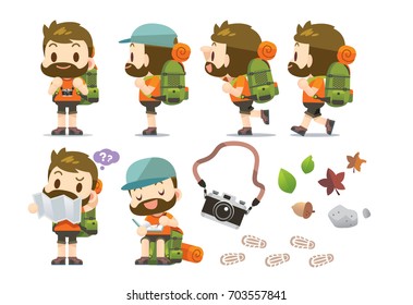 Vector male traveler, tourist character trekking, walking and do different actions with some nature objects isolated on white background. 