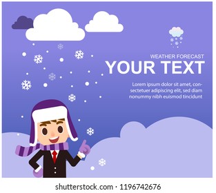 Vector male weather reporter character in snow cold winter background with mockup text.