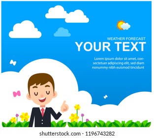 Vector male weather reporter character in fresh spring background with mockup text.