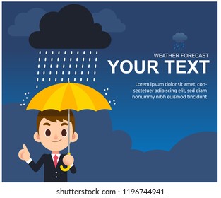 Vector male weather reporter character holding umbrella in rainy background with mockup text.