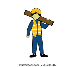Vector A male worker carries a wooden beam over his shoulder