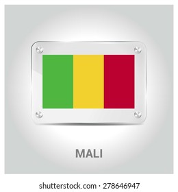Vector Mali Flag glass plate with metal holders - Country name label in bottom - Gray background vector illustration