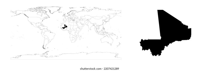 Vector Mali map showing country location on world map and solid map for Mali on white background. File is suitable for digital editing and prints of all sizes.