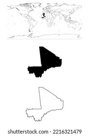 Vektor Mali Karte, Karte von Mali, die die Lage des Landes auf der Welt mit festen und umrissenen Karten für Mali auf weißem Hintergrund zeigt. Die Datei eignet sich für die digitale Bearbeitung und Drucke aller Größen.
