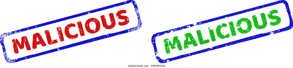 Vector MALICIOUS framed rubber imitations with distress surface. Rough bicolor rectangle seal stamps. Red, blue, green colors used.