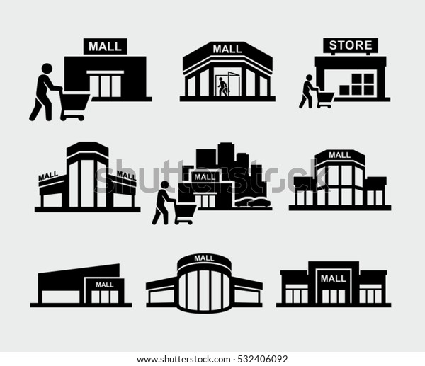 Vector mall building with shopper pushing shopping\
cart icons
