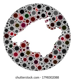Collage de mapas de Mallorca vectorial del coronavirus. La infección ataca el territorio aislado desde el espacio. Collage de mapas de Mallorca en círculo de hoyos creado con elementos de infección.