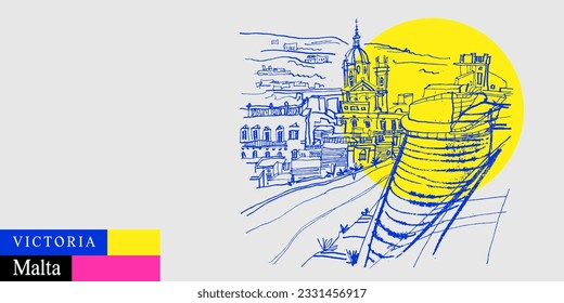 Vector Malta, Europe postcard. Catholic church in Victoria, Gozo island. Artistic Maltese travel sketch in bright vibrant colors. Modern hand drawn touristic poster, book illustration