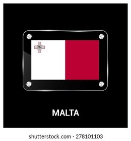 Vector Malta Flag glass plate with metal holders - Country name label in bottom