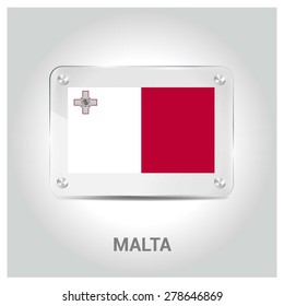 Vector Malta Flag glass plate with metal holders - Country name label in bottom - Gray background vector illustration