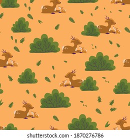 Vector mama and baby deer in forest seamless pattern