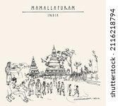 Vector Mamallapuram (Mahabalipuram), Tamil Nadu, India postcard. Pallava dynasty 8th century Shore Temple, Indian tourists on the beach. Travel sketch drawing. Vintage hand drawn poster illustration