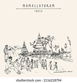Vector Mamallapuram (Mahabalipuram), Tamil Nadu, India postcard. Pallava dynasty 8th century Shore Temple, Indian tourists on the beach. Travel sketch drawing. Vintage hand drawn poster illustration