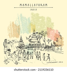 Vector Mamallapuram (Mahabalipuram), Tamil Nadu, India postcard. Pallava dynasty 8th century Shore Temple, Indian tourists on the beach. Travel sketch drawing. Vintage hand drawn poster illustration