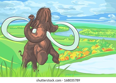 Vector mammoth on the plains near the river near the village of primeval
