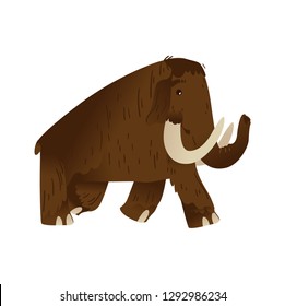 Vector mammoth stone age animal cartoon icon. Prehistoric extinct mammal with huge tusk. Ancient are animal with brown fur, long trunk. Isolated illustration