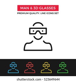 Vector man and 3D glasses icon. Augmented reality, VR, watching movie. Premium quality graphic design. Signs, symbols, simple thin line icons set for websites, web design, mobile app, infographics