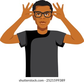 
Vector Man of African Ethnicity Holding New Pair of Eyeglasses. Cheerful handsome guy looking and observing closely 
