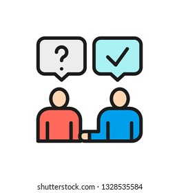 Vector man answers questions, people with speech bubble, communication, negotiations, discussion flat color line icon.