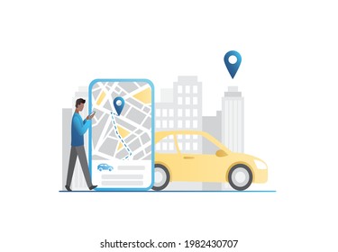 Vector man in application, on website, in smartphone orders, calls yellow taxi on map, lays out route for trip around city, rents car on Internet. Guy with car sharing.