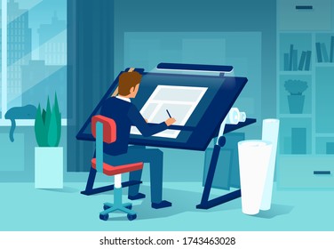 Vector of a man architect drafting a new project in his office 