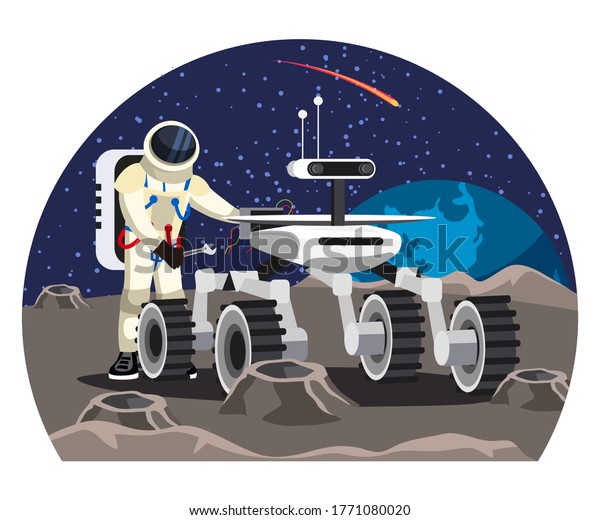 Vector man astronaut wearing helmet and\
spacesuit holding wrench and repairing moon rover car machine.\
Stone lunar surface with crater. Earth planet and flying comet with\
fiery tail on\
background