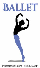 Vector of man in ballet. Man is dancing ballet. Male dancer dressed in a professional costume. The beauty of classical ballet. Classical dancer. Blue Inscription of ballet. 