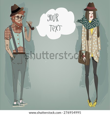 vector man with beard and girl in hat.