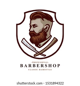 vector of man with bearded and razor blade, suitable for barbershop logo