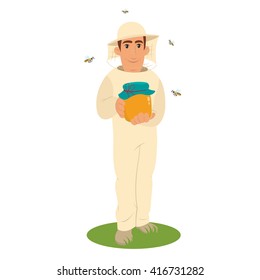  vector. man beekeeper with hive and bees. 