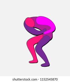 Vector man bent over pain sickness, holds his hands belly.